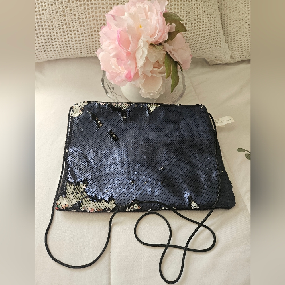 Beautiful Sequin Evening Bag in Navy Blue with Silver Crossbody Purse